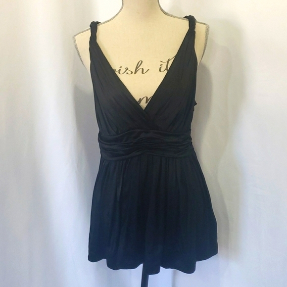 NWOT DKNY Silk Deep V Peplum Twisted Straps Pleated Waist Blouse Top - Picture 1 of 7